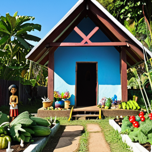 Home 11 **A Solomon Islander family tending a small, colorful shrine dedicated to their ancestors in their lush garden. The shrine is next to a thriving vegetable patch. In the background, a simple wooden church stands peacefully under a clear blue sky. The scene should illustrate the seamless coexistence of traditional beliefs and Christianity.**