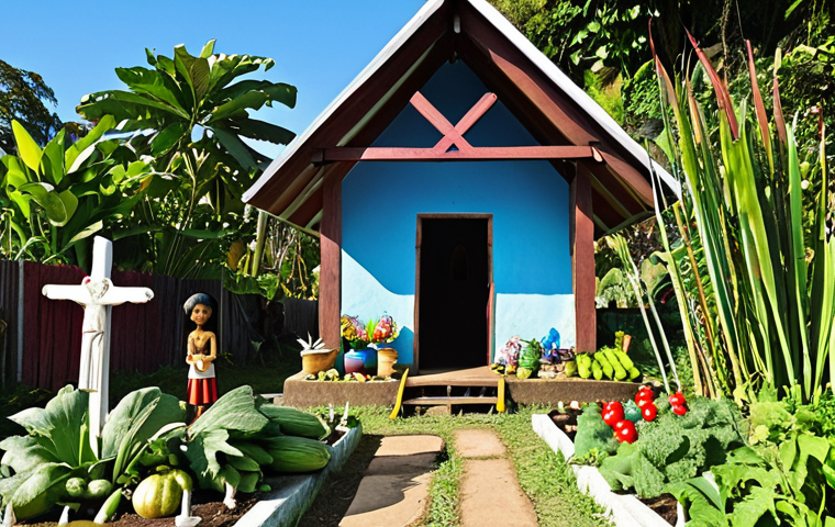 **A Solomon Islander family tending a small, colorful shrine dedicated to their ancestors in their lush garden. The shrine is next to a thriving vegetable patch. In the background, a simple wooden church stands peacefully under a clear blue sky. The scene should illustrate the seamless coexistence of traditional beliefs and Christianity.**