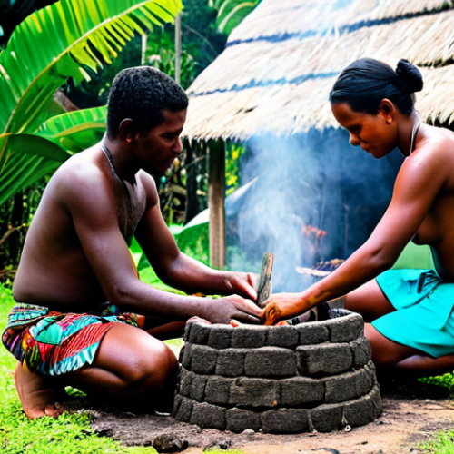 Home 6 A group of local Solomon Islanders, fully clothed in modest, traditional attire, collaboratively preparing an 'umu' earth oven in a lush village setting. They are carefully placing root crops and fish, wrapped in banana leaves, onto hot stones. Subtle steam rises from the cooking mound, indicating the warmth of the traditional process. The atmosphere is warm and communal, emphasizing natural pose and shared cultural practices under natural daylight. safe for work, appropriate content, fully clothed, family-friendly, perfect anatomy, correct proportions, natural body proportions, well-formed hands, proper finger count, professional photography, high quality, vibrant.