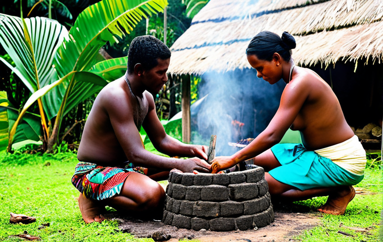 A group of local Solomon Islanders, fully clothed in modest, traditional attire, collaboratively preparing an 'umu' earth oven in a lush village setting. They are carefully placing root crops and fish, wrapped in banana leaves, onto hot stones. Subtle steam rises from the cooking mound, indicating the warmth of the traditional process. The atmosphere is warm and communal, emphasizing natural pose and shared cultural practices under natural daylight. safe for work, appropriate content, fully clothed, family-friendly, perfect anatomy, correct proportions, natural body proportions, well-formed hands, proper finger count, professional photography, high quality, vibrant.