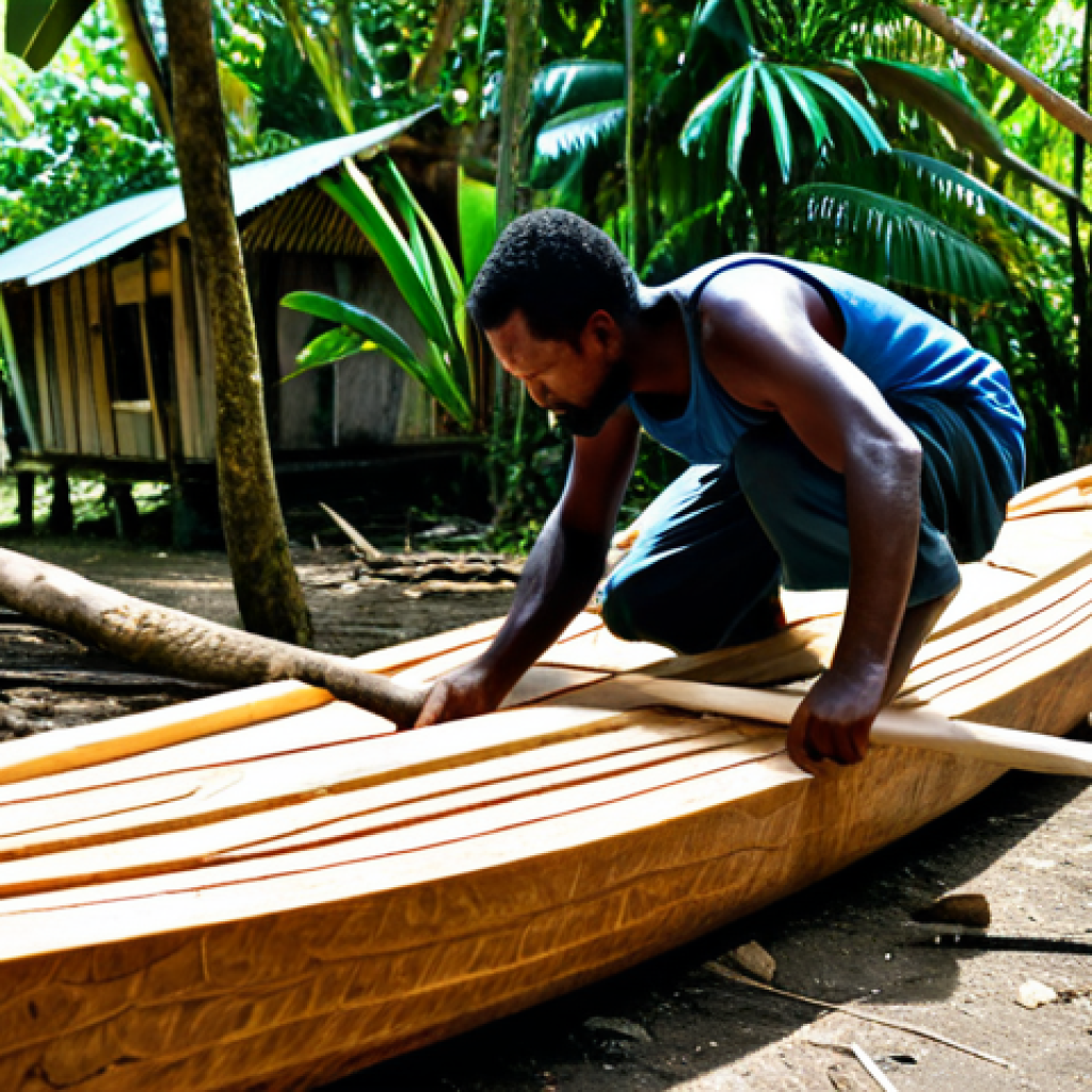 Traditional Canoe Building**

"A craftsman in the Solomon Islands meticulously carving a canoe hull from a large hardwood tree using an adze, surrounded by wood shavings and tools, fully clothed, appropriate attire, safe for work, perfect anatomy, natural proportions, cultural heritage, documentary photography, high quality, bright daylight, outdoor setting, professional."

**
