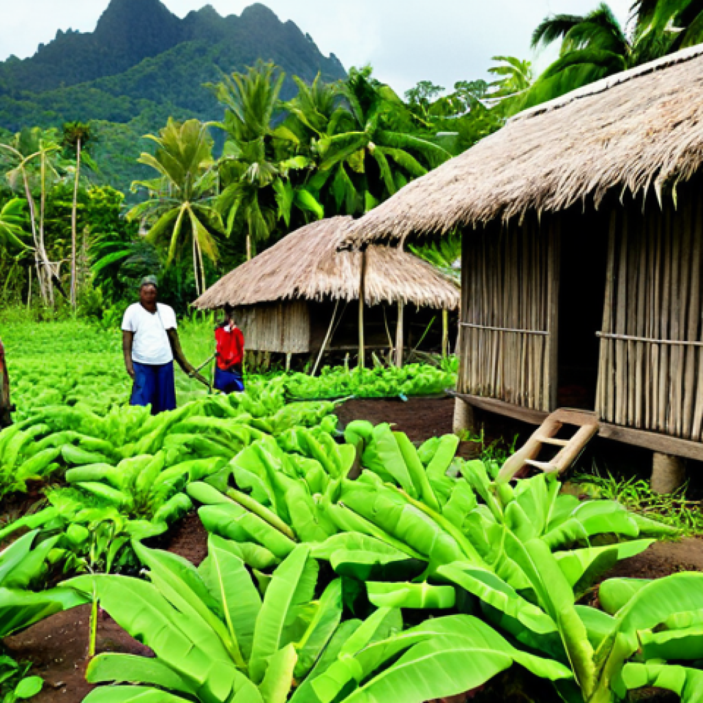Sustainable Agriculture in the Solomon Islands**

"A vibrant, wide-angle photograph showcasing a Solomon Islander family working together in their lush, green garden. They are cultivating root crops like taro and cassava. The scene takes place in a rural village with traditional thatched-roof houses in the background. Everyone is fully clothed in modest, colorful clothing appropriate for farm work. Perfect anatomy, correct proportions, natural pose. Safe for work, appropriate content, fully clothed, family-friendly, professional photography, high quality."

**