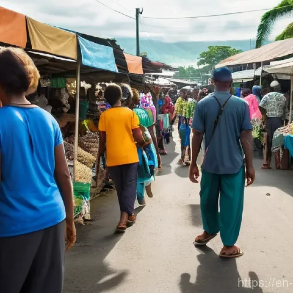 솔로몬 제도 치안 상황 - **Prompt:** A bustling, vibrant outdoor Central Market in Honiara, Solomon Islands, under clear dayl...