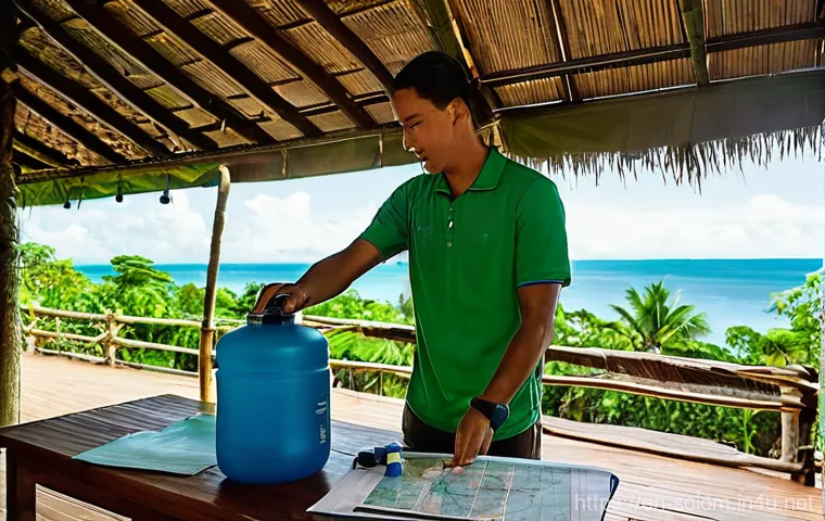 솔로몬 제도 치안 상황 - **Prompt:** A serene and picturesque scene on the crystal-clear turquoise waters between two lush, g...