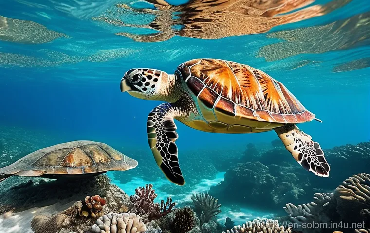 솔로몬 제도 바다 거북 서식지 - A majestic Hawksbill sea turtle, in sharp focus, glides gracefully through crystal-clear turquoise w...