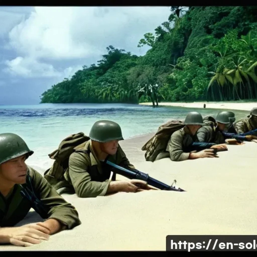 솔로몬 제도 헨더슨 비행장 전투 - **Image Prompt: Initial Landing on Guadalcanal**
    A realistic and cinematic wide shot depicting A...