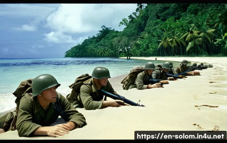 솔로몬 제도 헨더슨 비행장 전투 - **Image Prompt: Initial Landing on Guadalcanal**
    A realistic and cinematic wide shot depicting A...