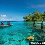 솔로몬 제도 NGO 활동 - A vibrant coastal village scene in the Solomon Islands showcasing community-led marine conservation:...
