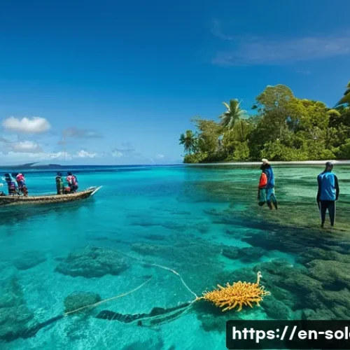 솔로몬 제도 NGO 활동 - A vibrant coastal village scene in the Solomon Islands showcasing community-led marine conservation:...