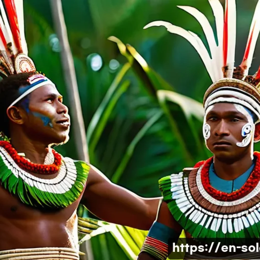 솔로몬 제도 전통 문화 - A vibrant Solomon Islands ceremonial dance scene at sunset, featuring dancers wearing traditional co...