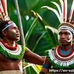 솔로몬 제도 전통 문화 - A vibrant Solomon Islands ceremonial dance scene at sunset, featuring dancers wearing traditional co...