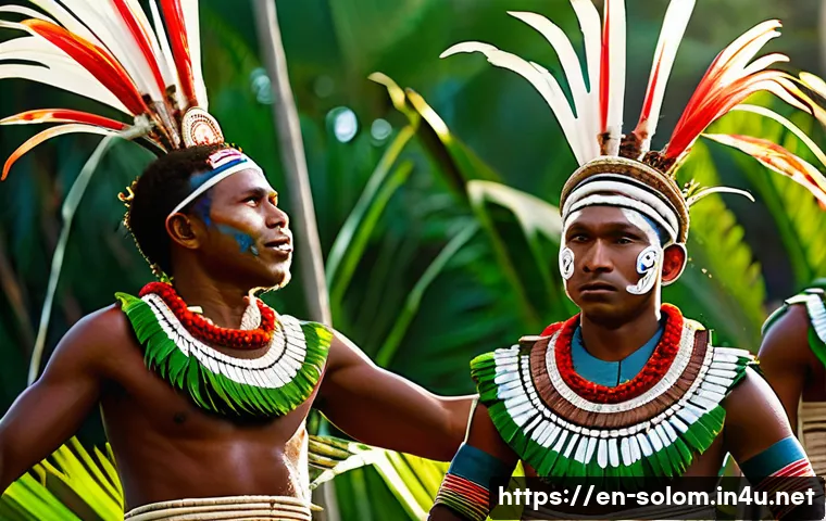 솔로몬 제도 전통 문화 - A vibrant Solomon Islands ceremonial dance scene at sunset, featuring dancers wearing traditional co...