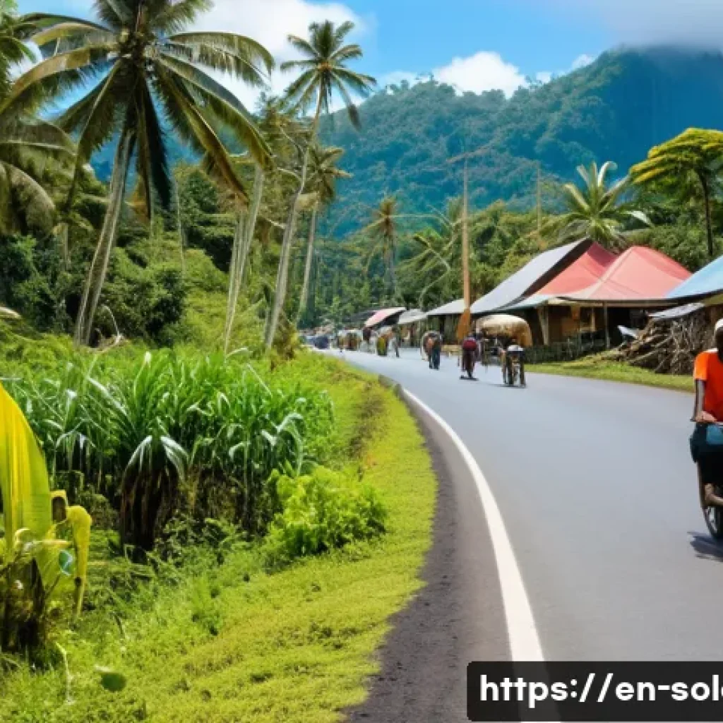 솔로몬 제도 중국 투자 - A vibrant scene of a newly paved rural road winding through lush tropical vegetation in the Solomon ...