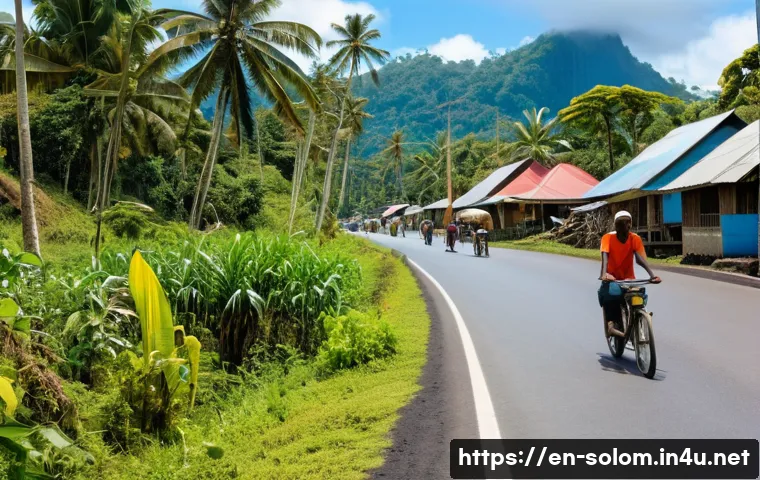 솔로몬 제도 중국 투자 - A vibrant scene of a newly paved rural road winding through lush tropical vegetation in the Solomon ...