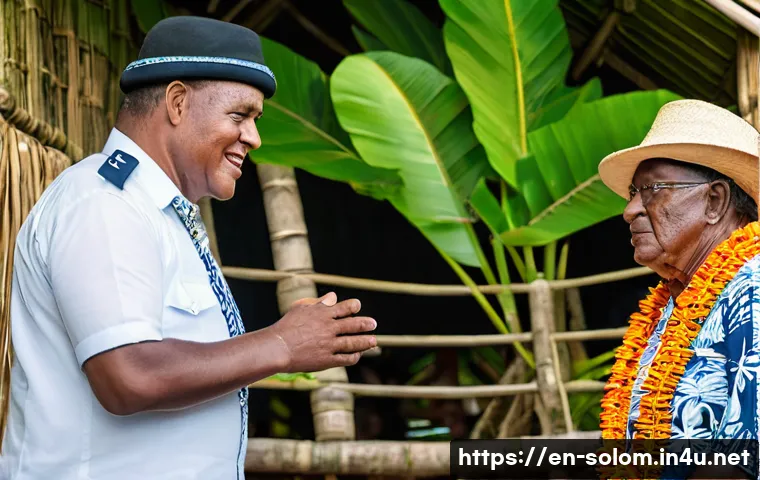 솔로몬 제도 총리 정보 - A dignified Pacific Island Prime Minister in traditional Solomon Islands attire, respectfully intera...