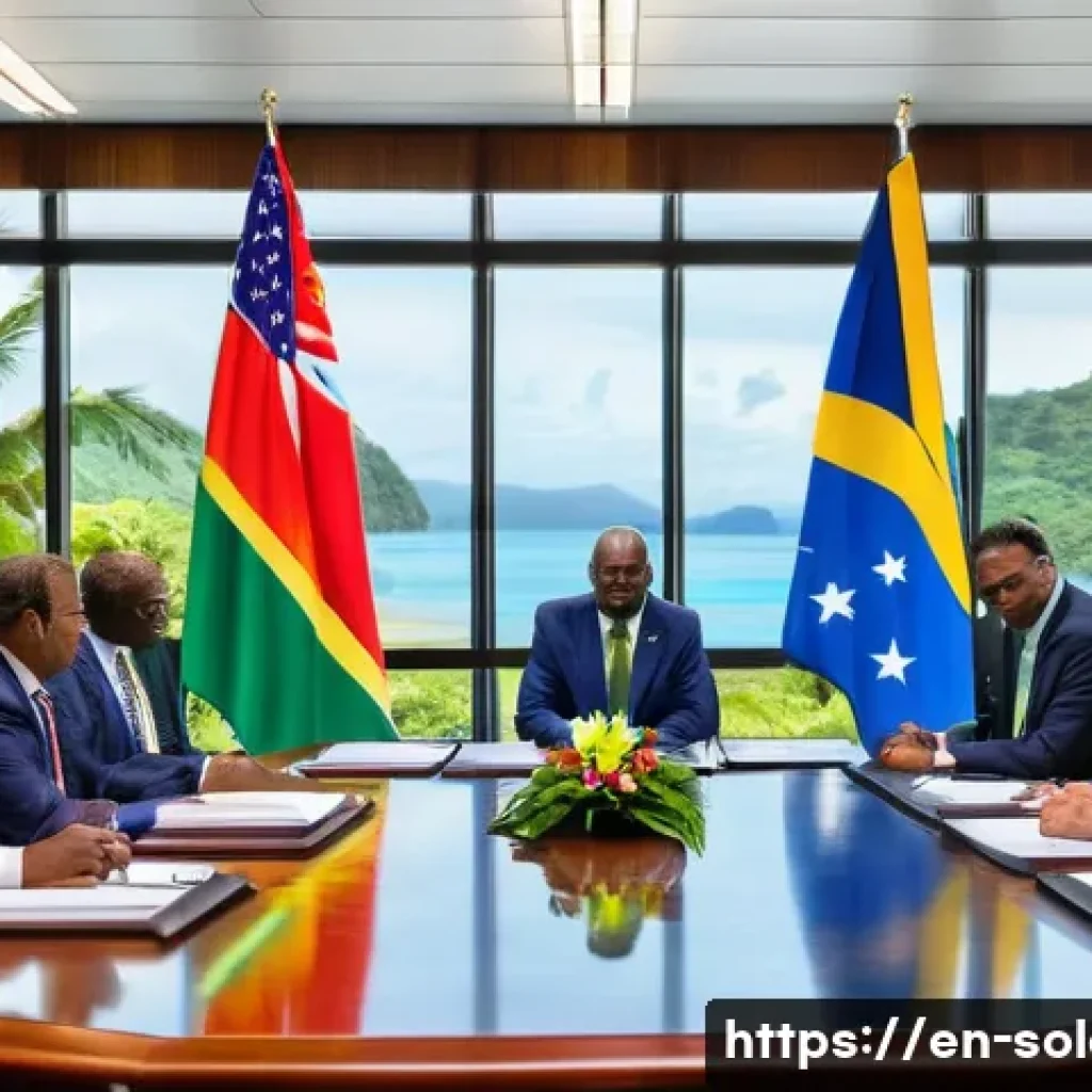 솔로몬 제도 미국과의 관계 - A vibrant scene depicting a formal diplomatic meeting between U.S. and Solomon Islands officials ins...