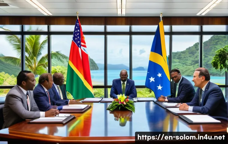 솔로몬 제도 미국과의 관계 - A vibrant scene depicting a formal diplomatic meeting between U.S. and Solomon Islands officials ins...