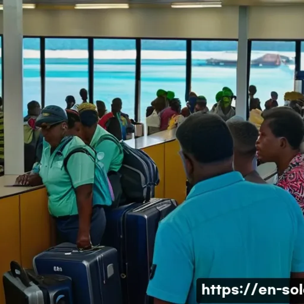 솔로몬 제도 비자 및 입국 절차 - A detailed airport immigration scene at the Solomon Islands with a diverse group of travelers queuin...