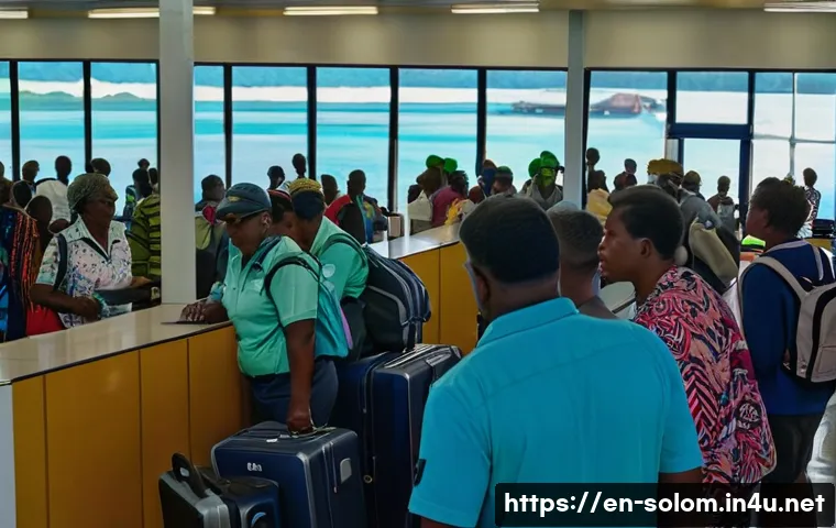 솔로몬 제도 비자 및 입국 절차 - A detailed airport immigration scene at the Solomon Islands with a diverse group of travelers queuin...