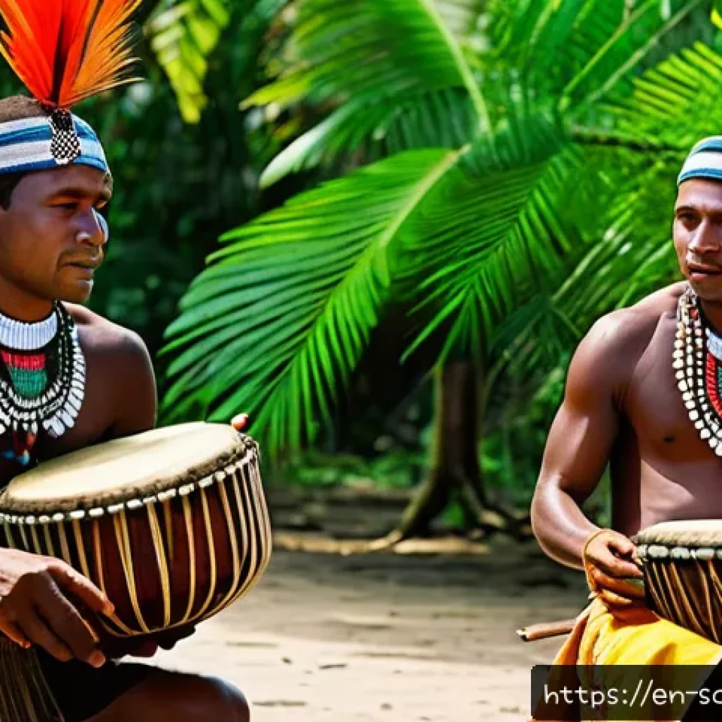 솔로몬 제도 전통 음악 - A vibrant village ceremony in the Solomon Islands featuring musicians playing traditional wooden gar...