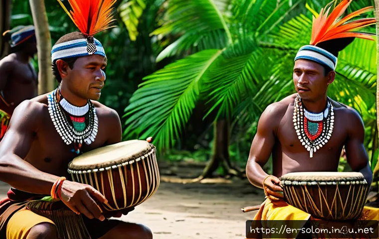 솔로몬 제도 전통 음악 - A vibrant village ceremony in the Solomon Islands featuring musicians playing traditional wooden gar...