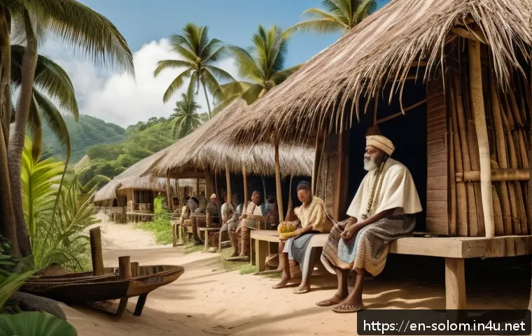 솔로몬 제도 기독교 선교 역사 - A detailed scene depicting 19th-century Western missionaries and Solomon Islands indigenous people d...