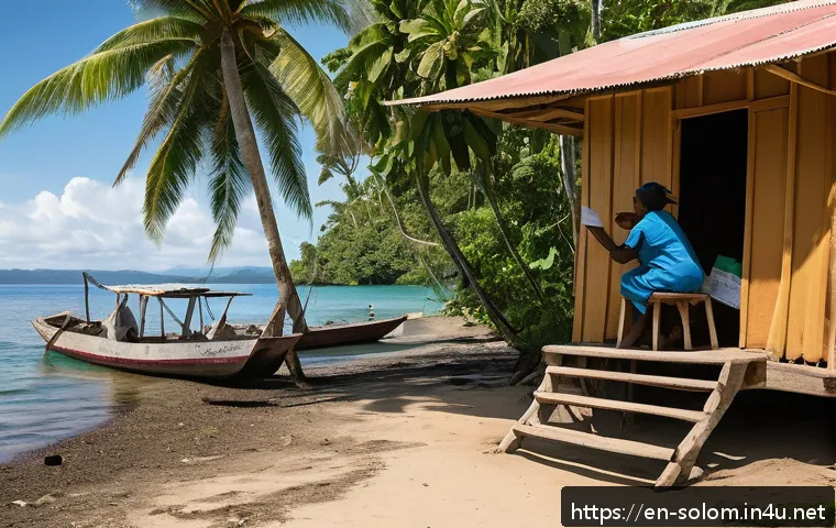 솔로몬 제도 병원 및 진료소 - A remote community health post on a small tropical island in the Solomon Islands, featuring a modest...