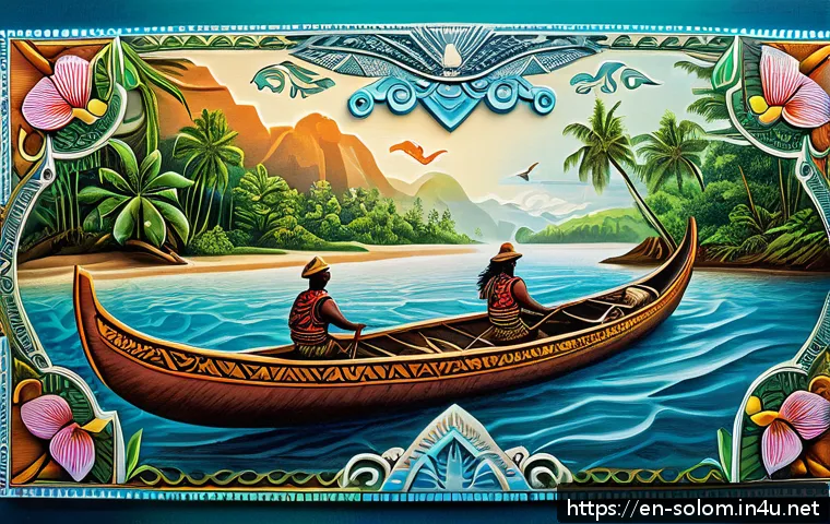솔로몬 제도 화폐 단위 - A highly detailed close-up of a Solomon Islands polymer banknote featuring vibrant traditional canoe...