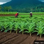 Home 18 솔로몬 제도 카사바 농사 - A detailed tropical island farm scene in the Solomon Islands showing farmers preparing well-drained,...
