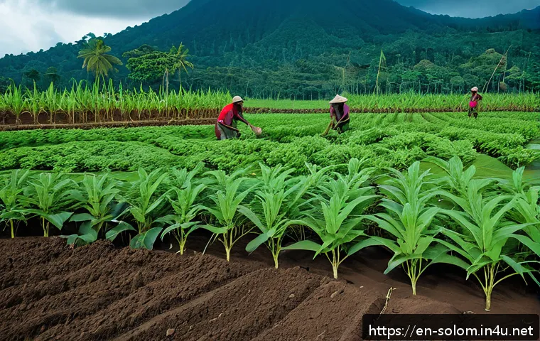 솔로몬 제도 카사바 농사 - A detailed tropical island farm scene in the Solomon Islands showing farmers preparing well-drained,...