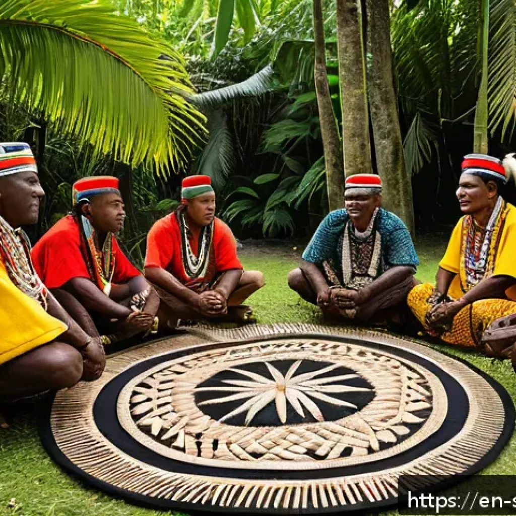 솔로몬 제도 부족 간 갈등 - A vibrant scene depicting a traditional Solomon Islands tribal council meeting on a lush island back...