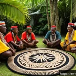 Home 23 솔로몬 제도 부족 간 갈등 - A vibrant scene depicting a traditional Solomon Islands tribal council meeting on a lush island back...