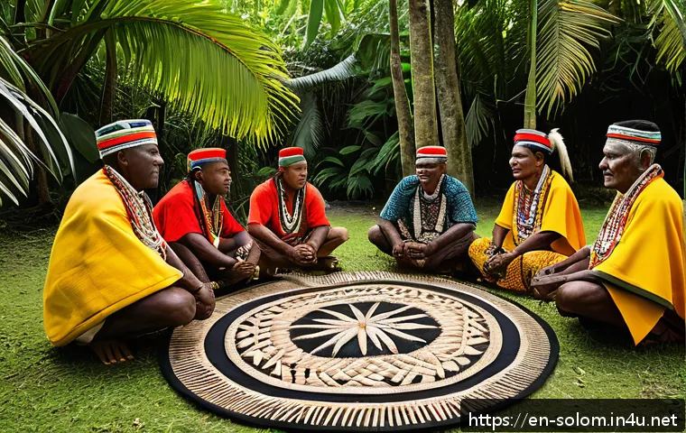 솔로몬 제도 부족 간 갈등 - A vibrant scene depicting a traditional Solomon Islands tribal council meeting on a lush island back...