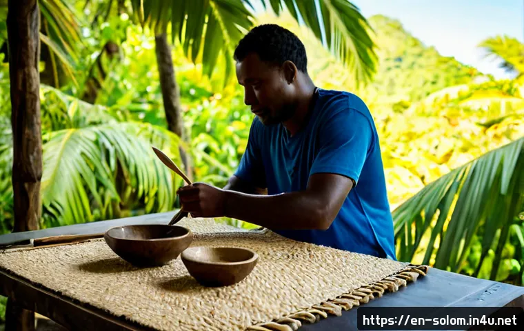 Home 17 솔로몬 제도 예술가 및 음악가 - Photorealistic portrait of a Solomon Islands visual artist in a bright open-air coastal studio, care...